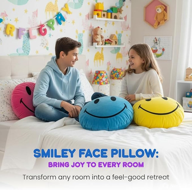 Smiley Face Pillow - Cute Plush for Fun Bedroom Decor - 16" X 16" Soft Cotton Cool Kids' Throw Pillows with Inserts Included - Birthday Gift - Room Decor Aesthetic for Bedroom. (Pink)