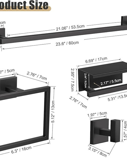 YACVCL 5-Pieces Matte Black Bathroom Hardware Accessories Set 23.6 Inch Towel Bar Set Upgraded Toilet Paper Holder with Shelf Stainless Steel Wall-Mounted Bathroom Hardware Set