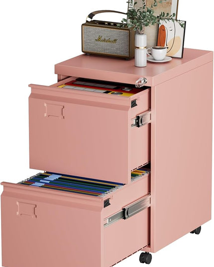 METAN 2 Drawer Vertical File Cabinet with Lock, Mobile Metal Filing Cabinet for Legal/Letter Size, Office Storage File Cabinet Under Desk with Card Holder,Assembly Required,Pink