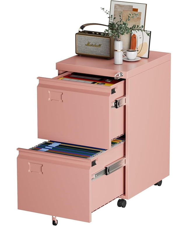 METAN 2 Drawer Vertical File Cabinet with Lock, Mobile Metal Filing Cabinet for Legal/Letter Size, Office Storage File Cabinet Under Desk with Card Holder,Assembly Required,Pink