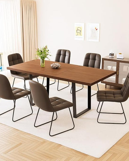 ZckyCine 67" Expandable Walnut Dining Table with 6 PU Leather Chairs, 7-Piece Modern Dining Set, Sturdy Metal Legs, Adjustable 51"-67" Rectangle Table for Kitchen & Dining Room