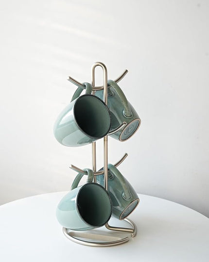 Bosmarlin Ceramic Coffee Mug Set of 4, 17 Oz, Coffee Cups with Big Handle, Microwave Safe, Unique Reactive Glaze (Lake Green, 17 Oz)