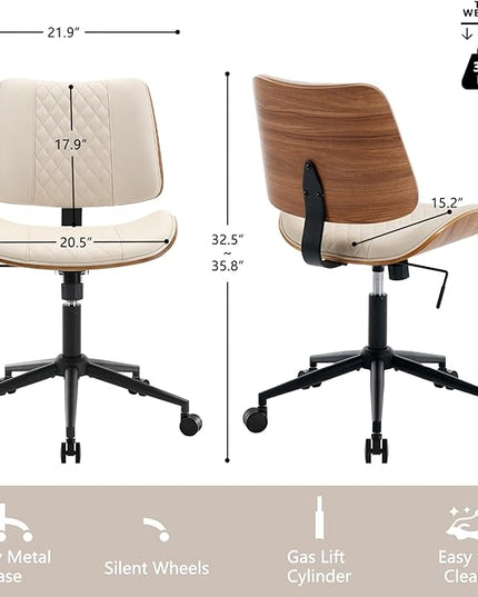 Home Office Chair No Arms with Wheels, Adjustable Height Small Desk Chair, PU Leather Mid Back 360 Swivel Computer Chair, Armless Modern Walnut Chair for Office, Reading Meeting Room(Beige)