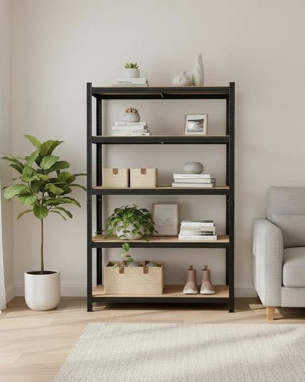 Heavy Duty 5-Tier Storage Shelving Unit, Black Steel Frame with MDF Boards, 71" H x 35.5" W x 15.8" D, 2000 lbs Capacity, Adjustable Garage Organization Rack