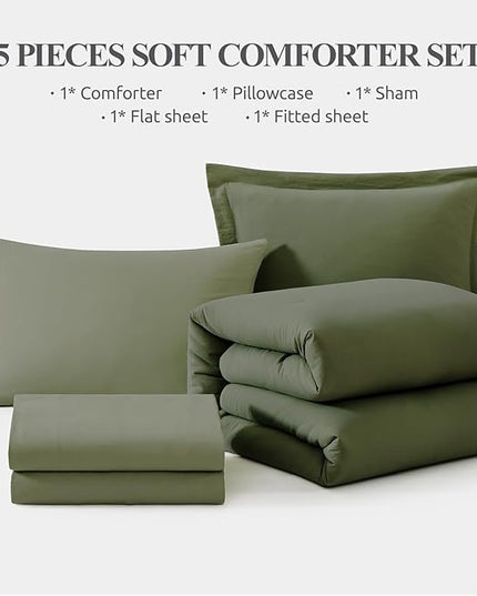 WRENSONGE Twin XL Comforter Set, 5-Piece Olive Green Bedding Collection with Sheets and Pillowcases