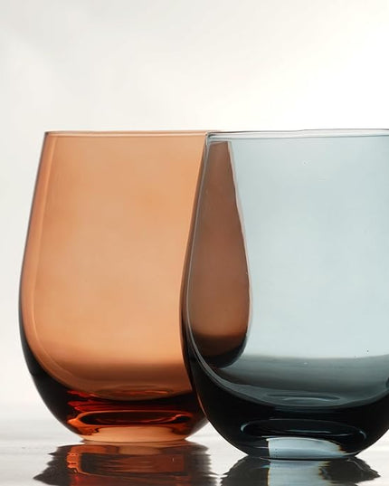 Colored Stemless Wine Glasses for Red or White Wine (Set of 2), 18-Ounces, Large Wine Glasses for Cabernet, Pinot Noir, Burgundy, Bordeaux (Blue&Orange O Wineglass Set of 2)