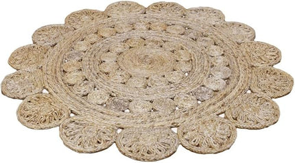 Hand Woven Jute ECO-Friendly Oriental Area Rugs - 5'x5', Round Shape, Beige Color, Oriental Pattern, High Pile, Natural Fiber, Outdoor Indoor Handmade Area Rugs for Living Room, Bed Room (J00005)