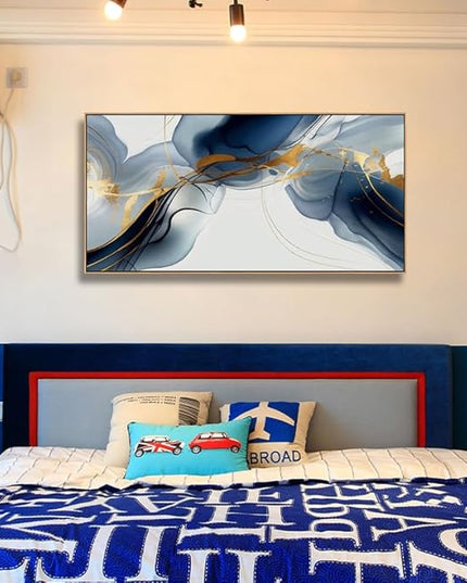 HUADAOART Abstract Painting Modern Art Wall Mural Gold And Blue Background Wall Decor for Living Room Bedroom Print on Artwork Home Decor Framed 30x60inch