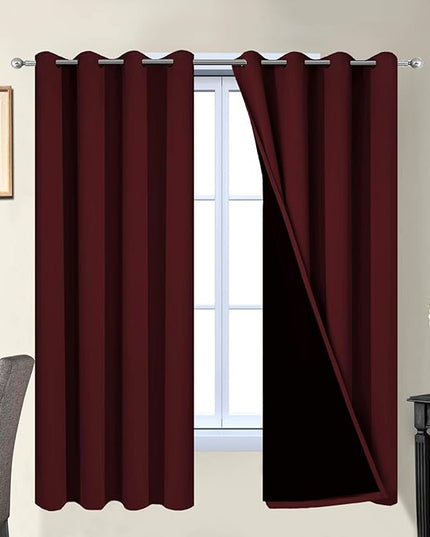 Yakamok 2 Thick Layers Completely Blackout Curtain Panels, Noise Reducing Drapes, Thermal Insulated Curtains with Black Liner for Bedroom(52Wx63L, Burgundy Red, 2 Panels)
