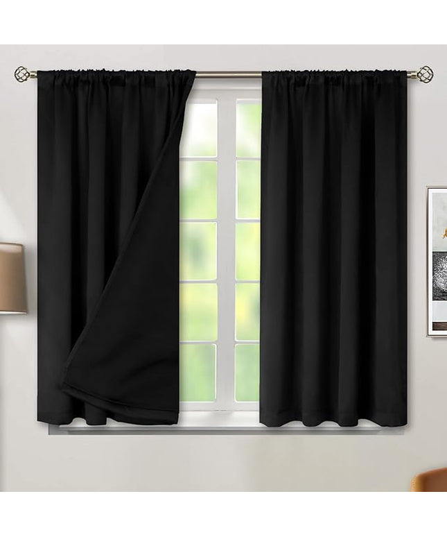 BGment Black Black Out Curtains for Bedroom Window 2 Panels Set, Bedroom Curtains Double Layer 100% Room Darkening Thermal Insulated Rod Pocket Window Drapes, Each 52 x 54 Inch,