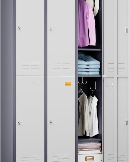 Aobabo Upgraded Metal Storage Locker for Employees, 6 Doors Metal Locker Cabinet with Lock and Name Card Slot, Industrial Storage with 18 Hooks, for Office Gym, Assembly Required,Grey White