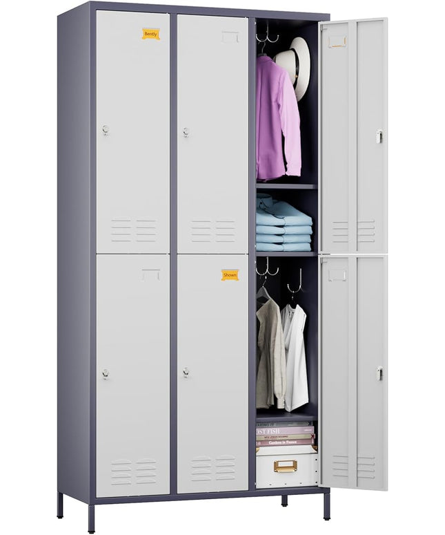 Aobabo Upgraded Metal Storage Locker for Employees, 6 Doors Metal Locker Cabinet with Lock and Name Card Slot, Industrial Storage with 18 Hooks, for Office Gym, Assembly Required,Grey White