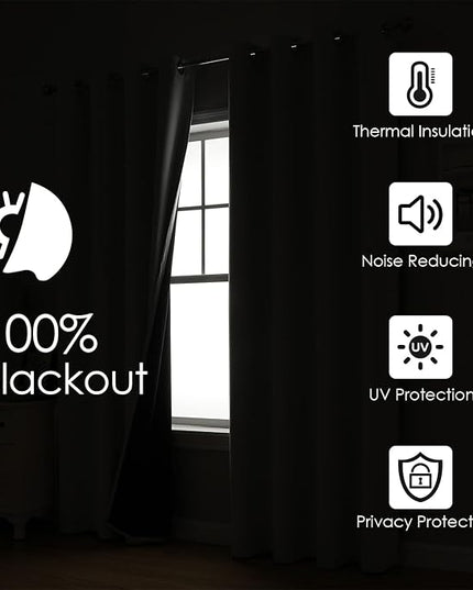 ChrisDowa 100% Blackout Curtains for Bedroom with Black Liner, 2 Thick Layers Total Blackout Thermal Insulated Grommet Window Curtains 2 Panels Set (Black, 42 x 84 Inch)