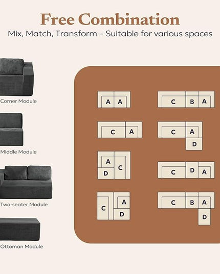 30" Modular Upholstered Foam Couch, Upholstered Floor Sofa Couch with Pillow, Bean Bag Chair for Bedroom Living Room, No Assembly Required (Corduroy Fabric, Grey)