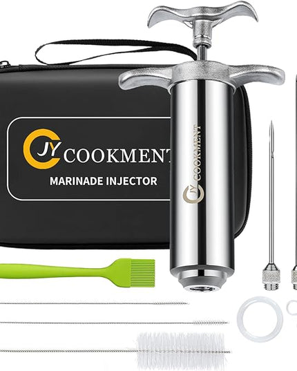 Meat Injector Syringe 2-oz Marinade Flavor Barrel 304 Stainless Steel with 3 Marinade Needles, Travel Case for BBQ Grill Smoker, Turkey, Brisket, Paper Instruction and E-book Included by JY COOKMENT