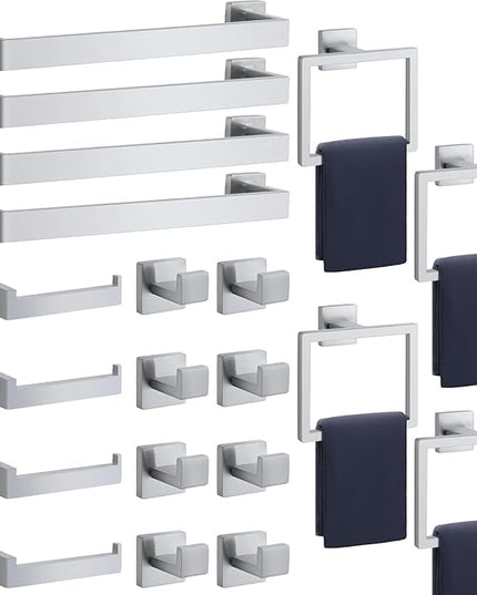 Bathroom Accessories Towel Bar Set: 20 Pieces Brushed Nickel Square Bathroom Hardware SUS304 Stainless Steel - Wall Mounted Towel Rack&Toilet Paper Holder&Towel Ring and Towel Hook