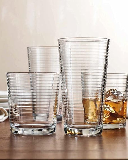 Drinking Glasses - Set of 8 Glass Cups, 4 Highball Glasses (17oz) 4 Rocks Glasses (13oz) Ribbed Glasses for Mixed Drinks, Water, Juice, beer, Wine, Excellent Gift!