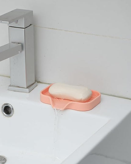 Silicone Bathroom Soap Dishes with Drain Spout-Bathroom and Kitchen Sink Organizer,Sponge Holder,Dish Soap Tray,Perfect for Dispenser,Scrubber,Bottle,Cup on Sink or Counter-Pink 4.9"×3.2"
