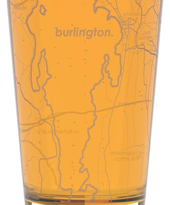Well Told Engraved Burlington Vermont Map Pint Glass, Etched Beer Gift (16 oz, Clear) City Map Pint, Custom City Glassware, Gifts For Beer Lovers
