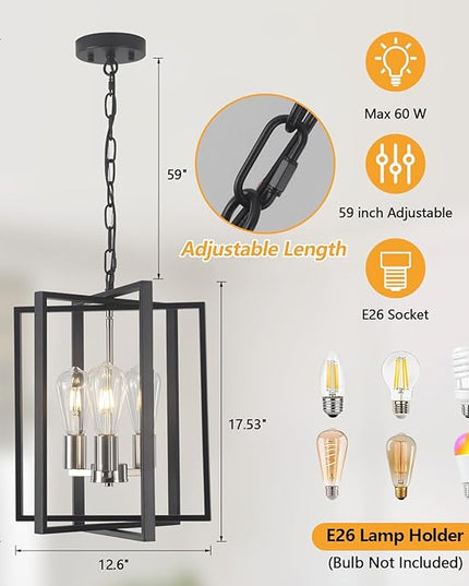 Modern Farmhouse Chandelier for Dining Room, 3 Light Black and Nickel Entryway Light Fixture Adjustable Pendant Lights Kitchen Island Rustic Hanging Chandelier for Foyer Living Room Hallway Bedroom