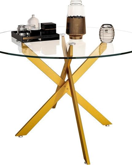 HomVent 3 Piece Round Glass Dining Table Set, Round Glass Kitchen Table Set for 2 with 2 PU Upholstered Dining Chairs for Kitchen Dining Room
