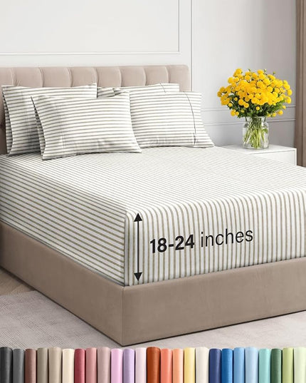 Extra Deep Cal King Sheet Set - 6 Piece Breathable & Cooling Sheets - Hotel Luxury Bed Sheets Set - Easy Fit - Soft, Wrinkle Free & Comfy Sheets Set - Beige Striped Sheet Set with Extra Deep Pockets