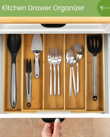 Purawood Kitchen Drawer Organizer, 2 Pack - Expandable Utensil Drawer Organizer for Kitchen, Cutlery Tray & Silverware Organizer, 3-5 Slots - Bamboo Organizer for Utensils & Flatware (Natural)