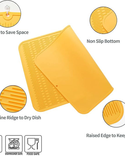 Silicone Dish Drying Mat for Multiple Usage,Easy clean,Eco-friendly,Heat-resistant Silicone Mat for Kitchen Counter or Sink,Refrigerator or Drawer Liner Yellow 3XL 28 inches x 18 inches