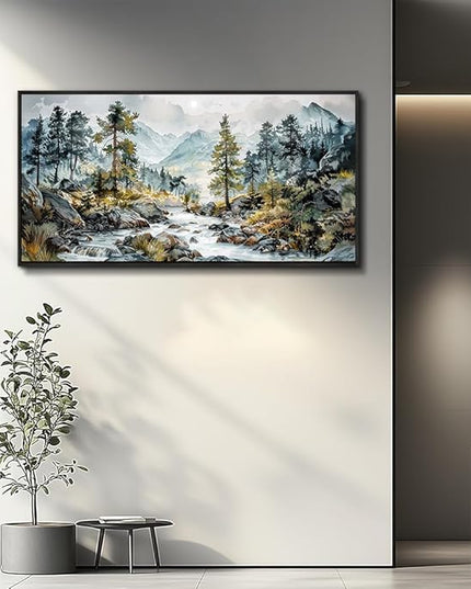 PHAOHUAXM Large Canvas Printing Artworks Wall Art For Bedroom Wall Decor For Living Room Office Home Decor Rivulet View Painting Forest Tree Landscape Watercolour Pictures Black Framed 30x60 In