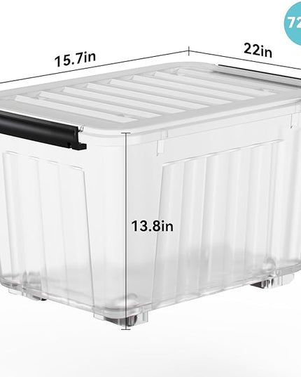 Nazhura 72 Quart Plastic Storage Bin, Stackable and Nestable Storage Boxes with Clear Lids and Secure Latching Buckles, Large Storage Container (Clear, 72Quart-4Pack)