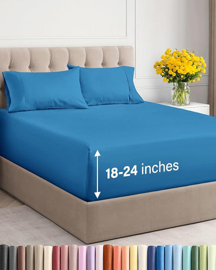 Extra Deep Twin XL Sheet Set - 4 Piece Breathable and Cooling Sheets - Hotel Luxury Bed Sheets Set - Easy Fit - Soft, Wrinkle Free and Comfy Sheets Set - Denim Blue Sheet Set with Extra Deep Pockets