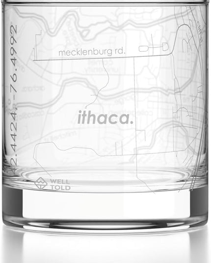 Well Told Engraved Ithaca New York Map Rocks Glass, Old Fashioned Glassware (11 oz, Clear) Etched Bourbon Tumbler, Gifts For Whiskey Lovers