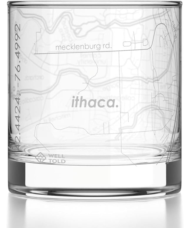 Well Told Engraved Ithaca New York Map Rocks Glass, Old Fashioned Glassware (11 oz, Clear) Etched Bourbon Tumbler, Gifts For Whiskey Lovers