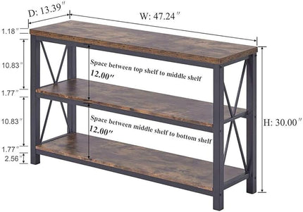 BON AUGURE Industrial Sofa Console Table for Entryway, 3 Tier Foyer Table for Hallway, Rustic Hall Tables Behind Couch (47 Inch, Rustic Brown)