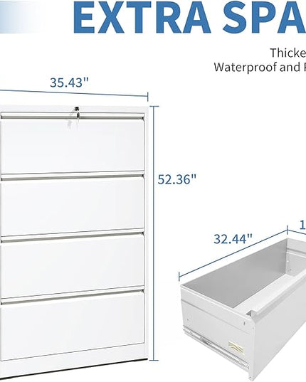 File Cabinets 4 Drawer,Metal Office Storage Filing Cabinet with Lock,White Lateral Filing Cabinet for Home Office,Horizontal Locking File Cabinet for Legal/Letter/A4,Assembly Require,White