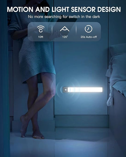10inch Under Cabinet Lighting, 2 Pack Rechargeable Motion Sensor Light Indoor, 5 Levels Dimmable Magnetic Closet Lights, Wireless Under Counter Lights for Kitchen, Stairs