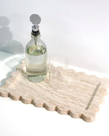 Natural 100% Marble Vanity Tray Luxury Scalloped Marble Storage Square Rectangle Tray for Home Decor Stone Tray for Bathroom/Kitchen/Candle Key (Rectangle-11.8 * 7.4-Beige Travertine)