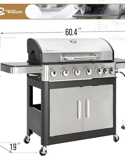 Sophia & William 6-Burner Propane Gas BBQ Grill with Side Burner & Porcelain-Enameled Cast Iron Grates, Stainless Steel Barbecue Grills Outdoor Cooking for Outside, 665 SQ.IN. Cooking Area, 65,800BTU