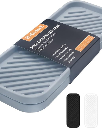 Silicone Organizer Tray, Soap and Sponge Holder for Kitchen Sink, Bathroom - Storage Tray for Dish Brush, Soap Dispenser, Dishwashing Accessories- 2 Pack (Gray)