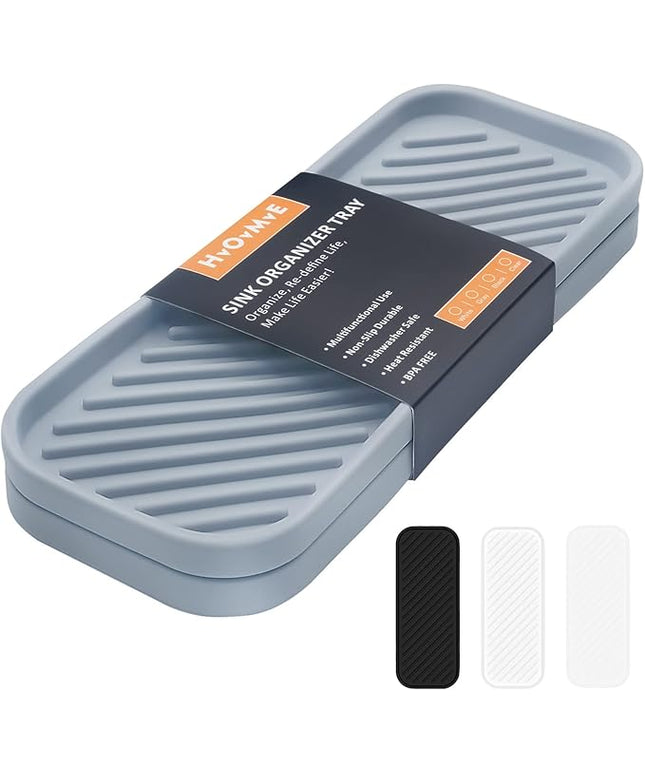 Silicone Organizer Tray, Soap and Sponge Holder for Kitchen Sink, Bathroom - Storage Tray for Dish Brush, Soap Dispenser, Dishwashing Accessories- 2 Pack (Gray)