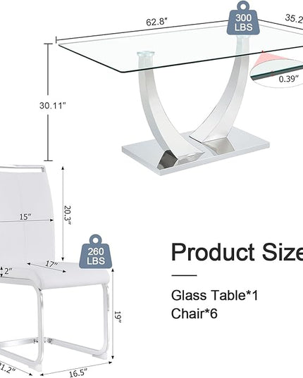 63” Glass Dining Table Set for 6,Modern Dining Room Table Set for 6, Kitchen Table and PU Leather Chairs, Rectangle Tempered Glass Table Set with Chrome Silver Legs