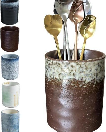 Stoneware Coffee Bar Utensil Holder Tea & Coffee Spoon & Stirrer Holder for Stir Stick Straw Teaspoon Holder Spoon Cup Small Utensil Jar (Retro Rustic Brown)