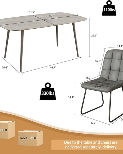 55.1'' Modern Dining Table Set for 4, Gray Wood Table with 4 Faux Leather Chairs, Kitchen & Dining Room Furniture Set, Space-Saving Table and Chairs for Apartment, Home, Small Spaces