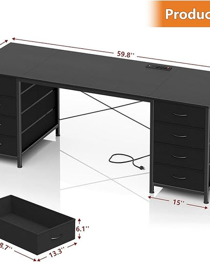60 Inch Computer Desk with 8 Drawers, Home Office Desk with Power Outlets, Work Study Gaming Desk with 8 Fabric Drawers, Black