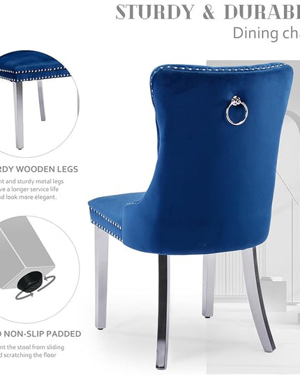 SoarFlash Velvet Dining Chair Set of 2, Upholstered Tufted Dining Room Chair with Nailhead Trim, Solid Silver Plated Leg for Kitchen(Blue)