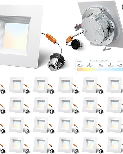 4 Inch Led Recessed Lights Square,Led Downlight Square White,with Baffle Anti-Glare,5CCT 2700K-5000K Dimmable,9W 800LM,ETL & ES(24 Pack)