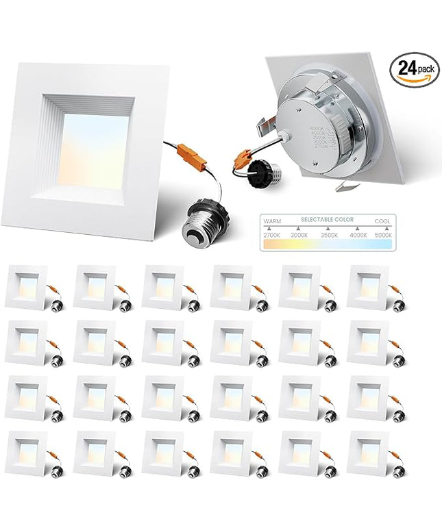 4 Inch Led Recessed Lights Square,Led Downlight Square White,with Baffle Anti-Glare,5CCT 2700K-5000K Dimmable,9W 800LM,ETL & ES(24 Pack)