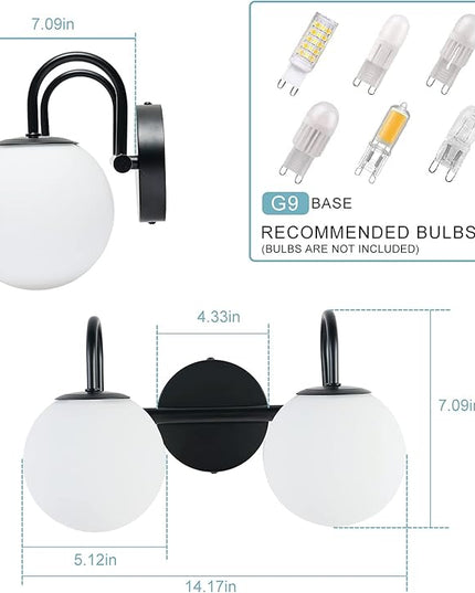 Mid Century Modern Vanity Lights for Bathroom, Black Metal Frame and Milk White Frosted Glass Globe, 2 Lights, Wall Sconce, 7.09"L x 7.09"W x 14.17"H