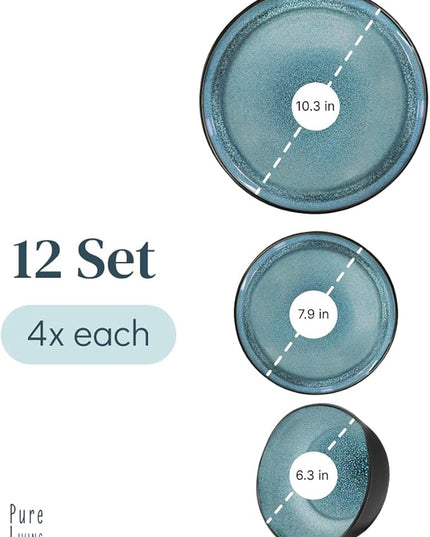 Stoneware dinnerware set 4 persons 12 pcs – Modern style plates and bowls set ceramic – Dishwasher safe and scratch resistant – Bowl and plate set – Dinner service Pure Living black & petrol blue