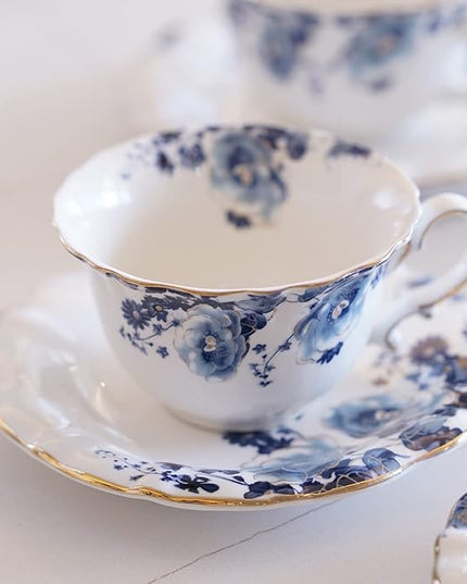Jomop Ceramic Tea Cups Coffee Cup and Saucers Set of 4 (Blue and White)